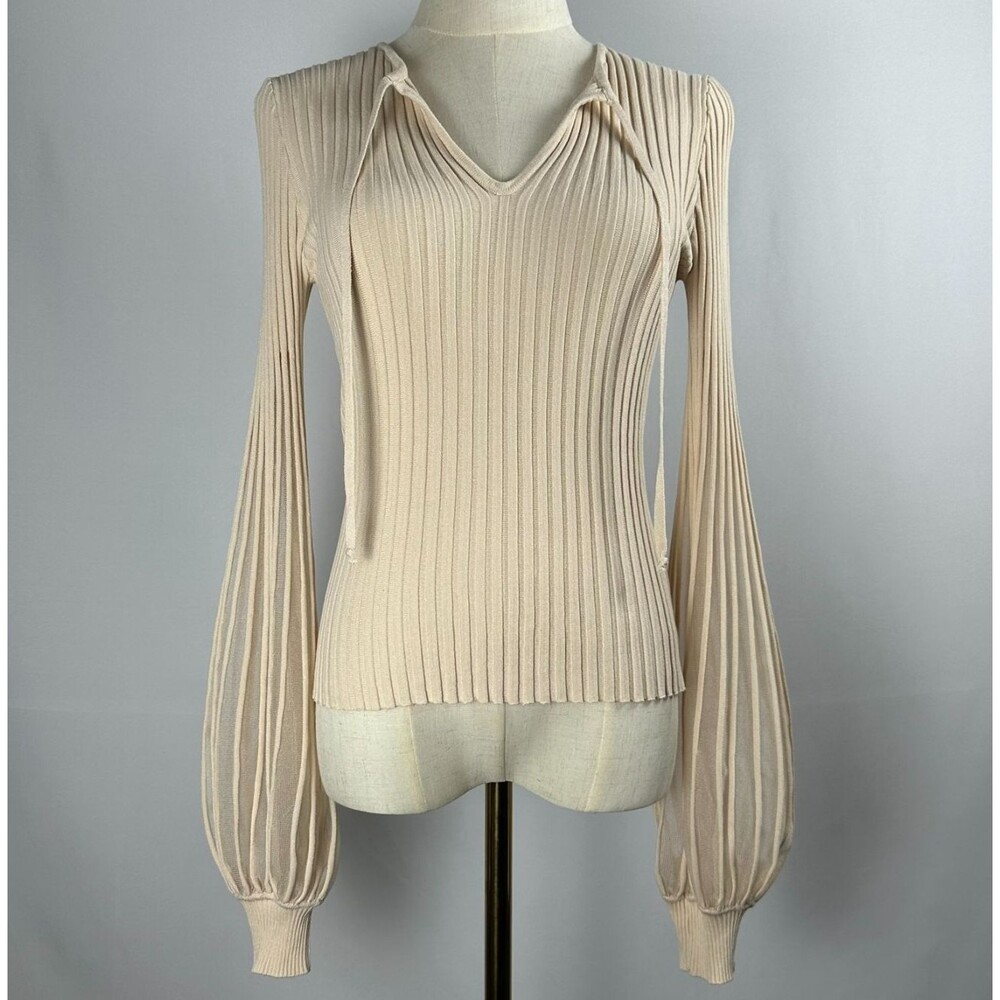 RIVIR Defined Rib Knit Top S Cream Balloon Sleeve Coquette Quiet Luxury Romantic